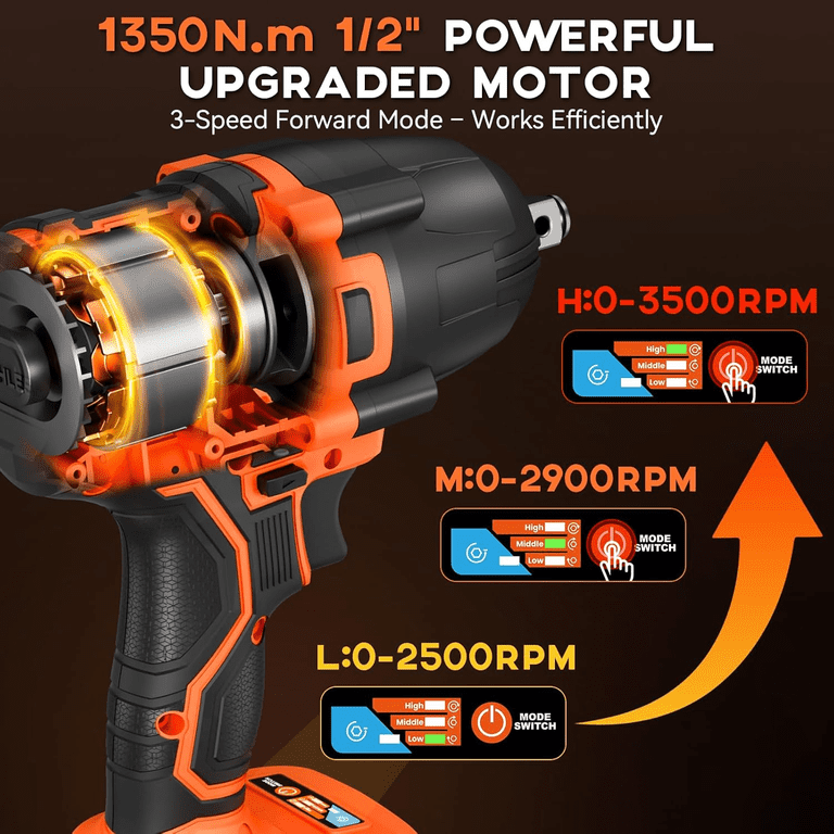 Protmex Cordless Impact Wrench, 900Ft-lbs, 3500 RPM, 3-Speed Modes