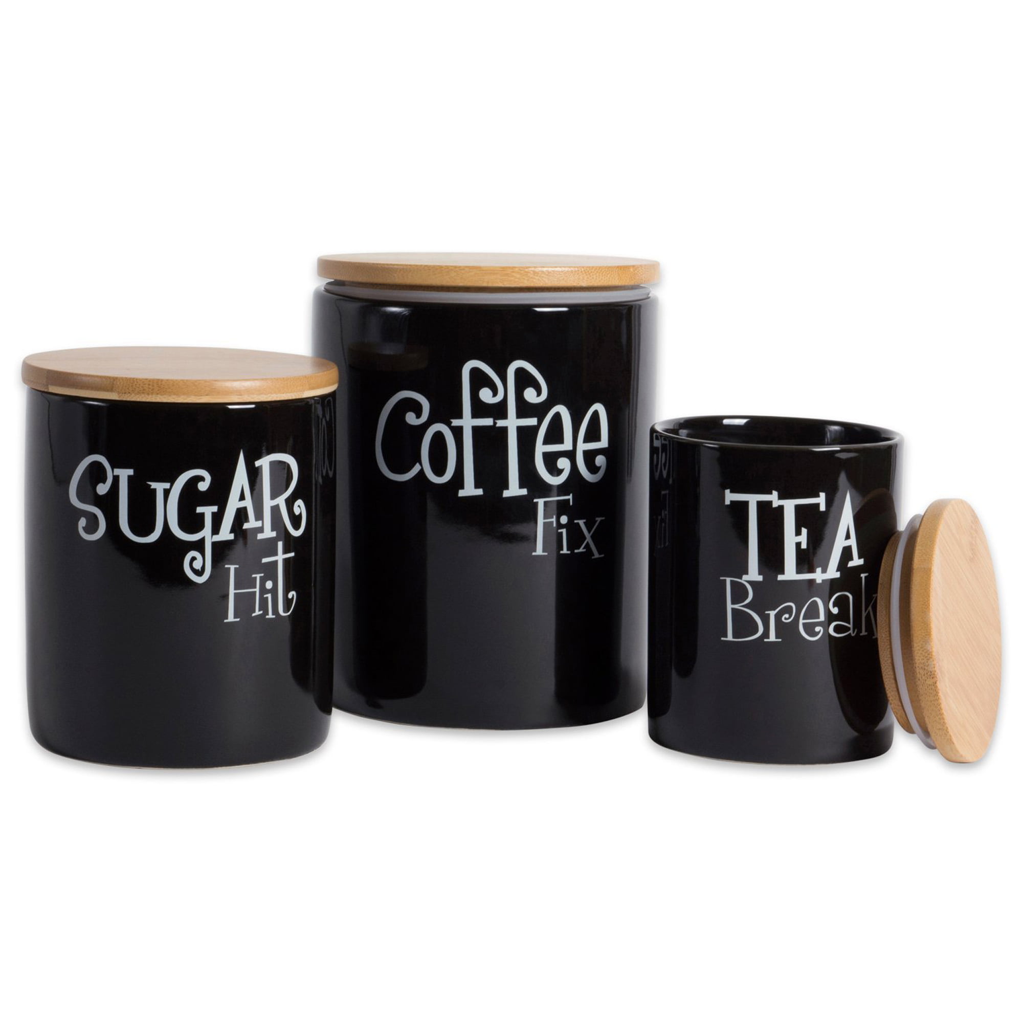 Black Text Ceramic Tea Coffee Sugar Salt Pepper Utensil Biscuit Tea Pot Jar Set 