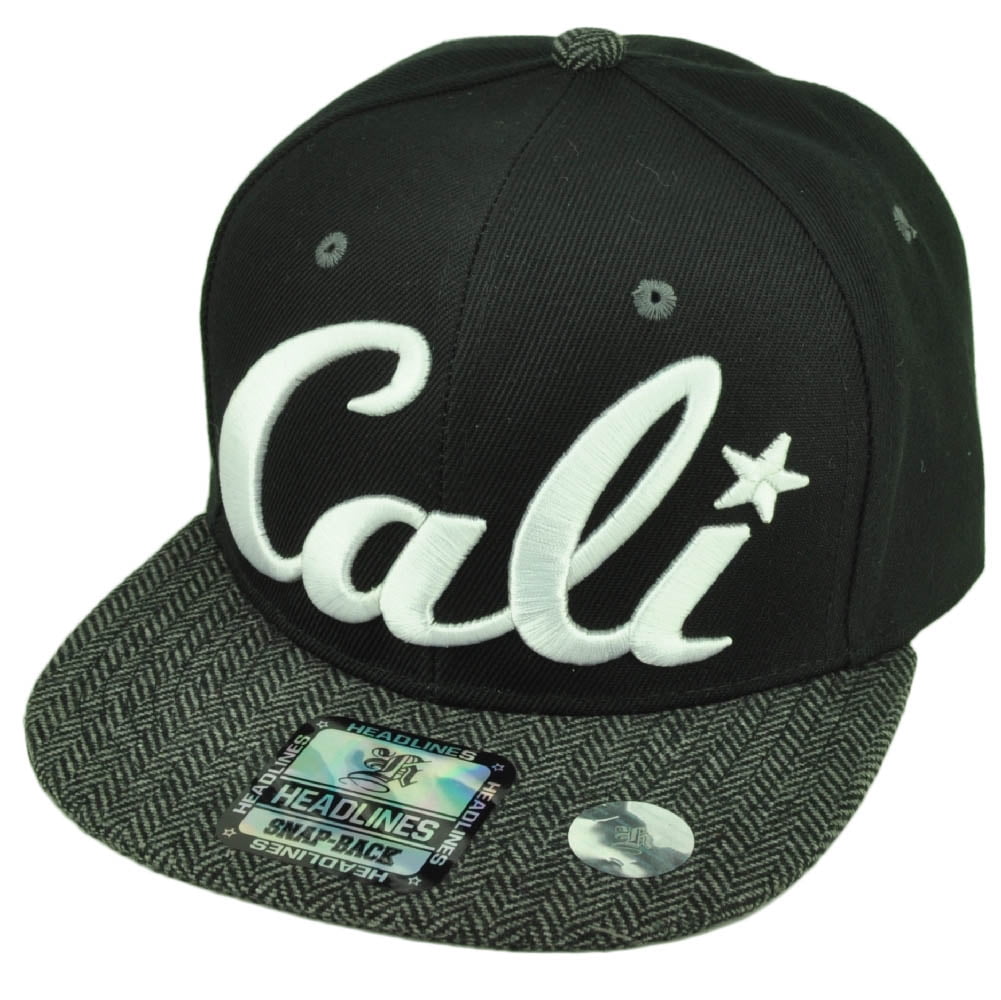 Cali California Herringbone Pattern Flat Bill Black Hat Cap Snapback