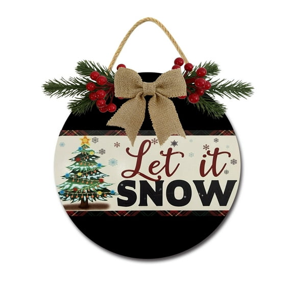 Let It Snow Sign Front for Door Decoration, 11" Round Wood Wreaths Wall Hanging Outdoor, Farmhouse, Porch, for Spring Summer Fall All Seasons Holiday Christmas