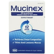 Mucinex Expectorant 600 mg Guaifenesin Relieves Chest Congestion, 100ct, 2-Pack