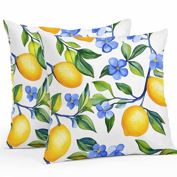 Yellow Lemon Waterproof Outdoor Throw Pillow Covers 16''x16'' Pack 2, Pillow Cases Throw Cushion Cover with Zipper, Blue Flower Botanical Blossom Motif Spring Washable Pillowcase for Poolside Sofa