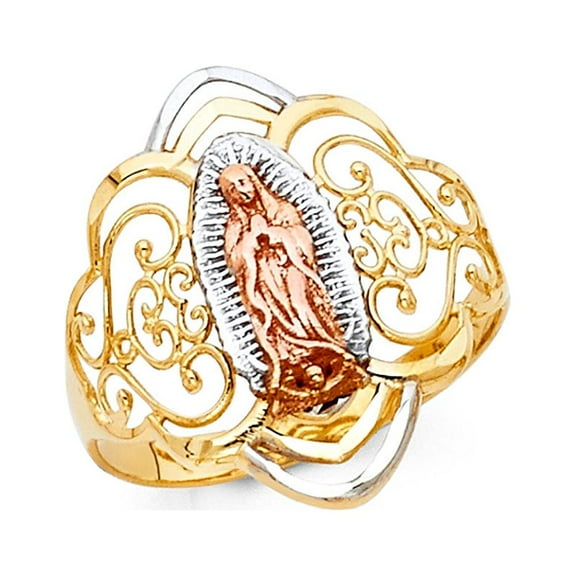 14k Yellow White Rose Gold Lady Guadalupe Ring Virgin Mary Filigree Band Diamond Cut Fancy 20MM, Size 8.5