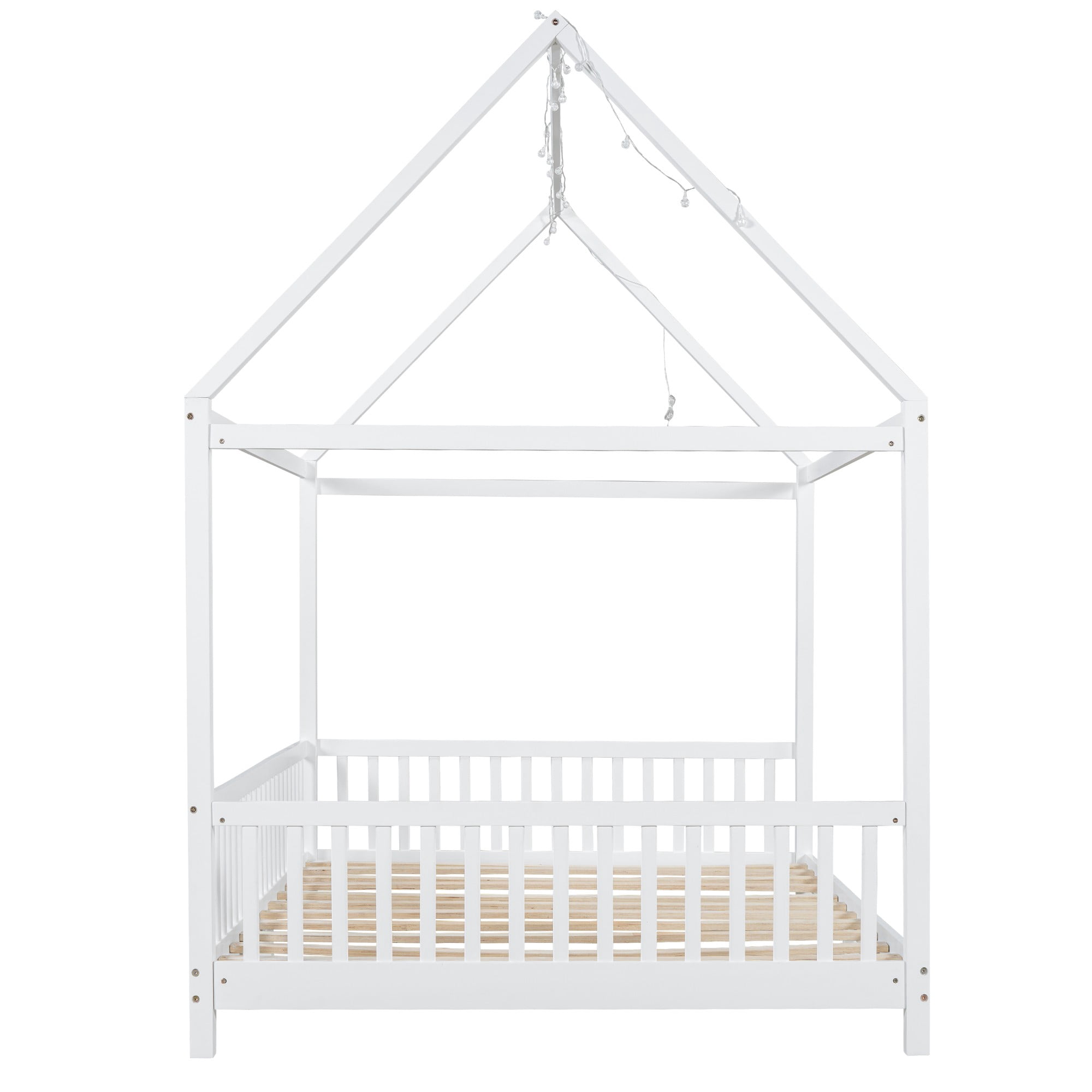 Solid and Stable Wood Full Size House Bed with Guardrail and Led (White)