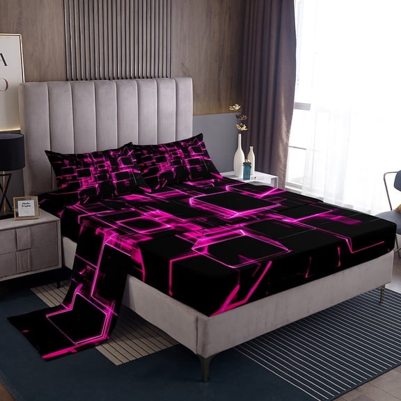 Erosebridal Geometric Buffalo Sheet Set Twin,Black Pink Bedding Sets Twin Size,Super Cozy Bed Sheets Twin,Plaid Decor,3pcs