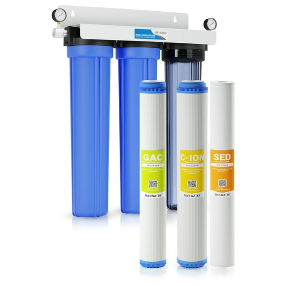 Max Water 3 Stage Whole House 20 x 2.5 Inch, Water Filtration System Sediment + Cation + GAC