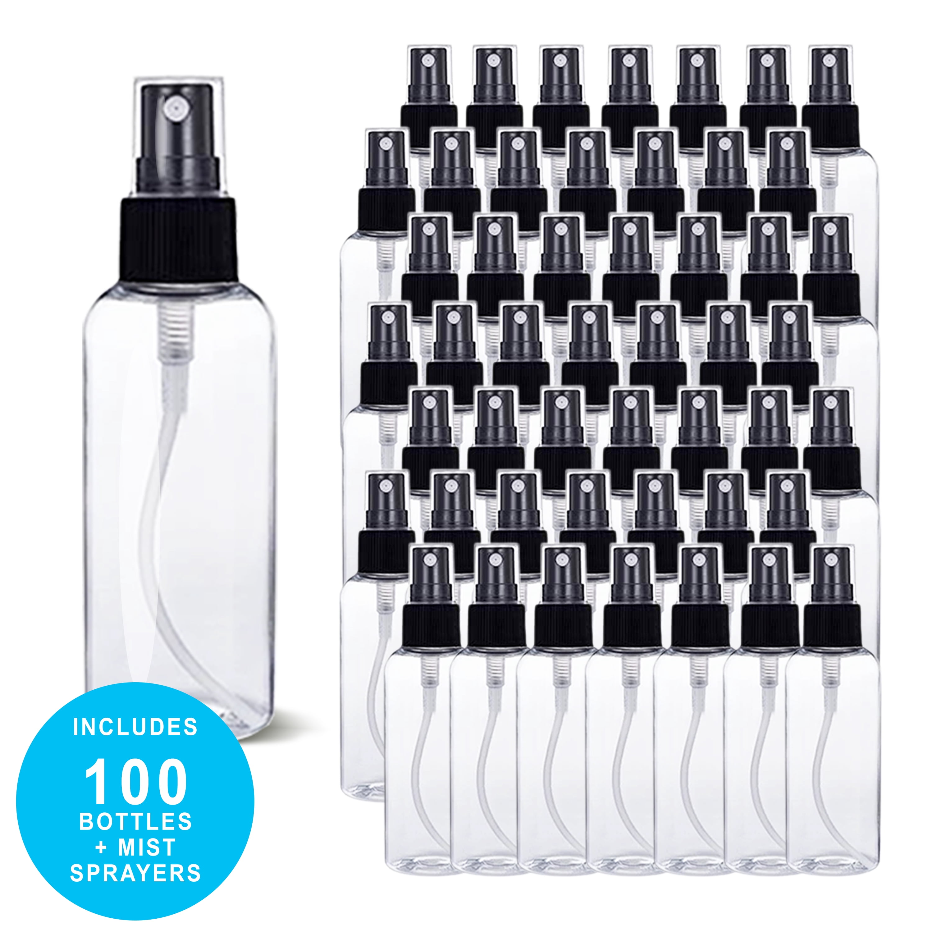 SANSHIELD 100 Pack 2 oz (60 ml) Clear PET Plastic Spray Bottles with Cap, Small Travel Size Mist Bottles