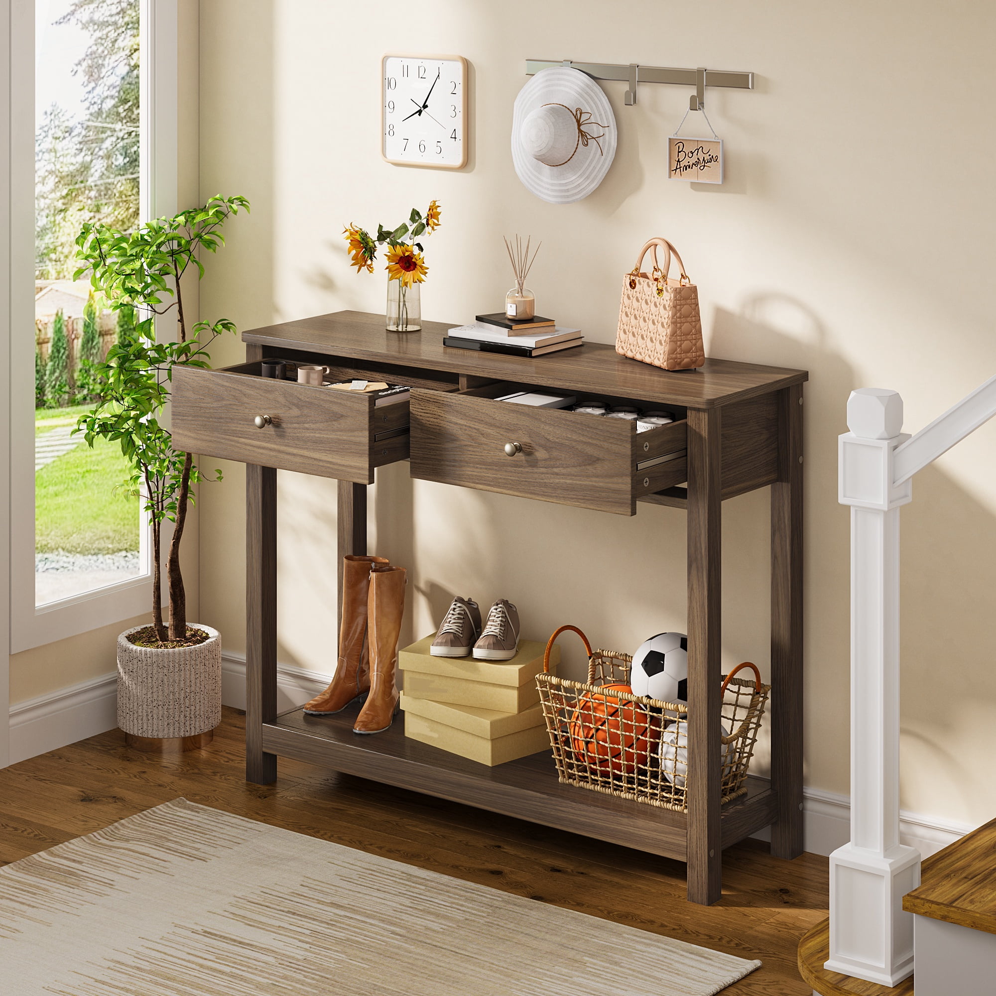 Asofer 39" Console Table with 2 Drawers, Modern Sofa Table, Narrow Wood Entryway Table for Living Room, Foyer, Retro