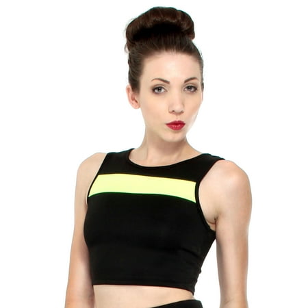 Neon Yellow Striped Black Crop Top w Racer Back Clubwear,