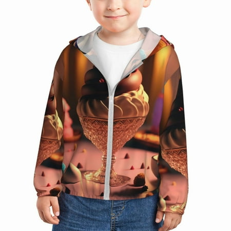 

Qekee Colorful Cake Ice Cream Print UPF 50+ Kids Sun-Protective Hooded Long Sleeve Rash Guard for Fishing Water Beach Sports -3 Years