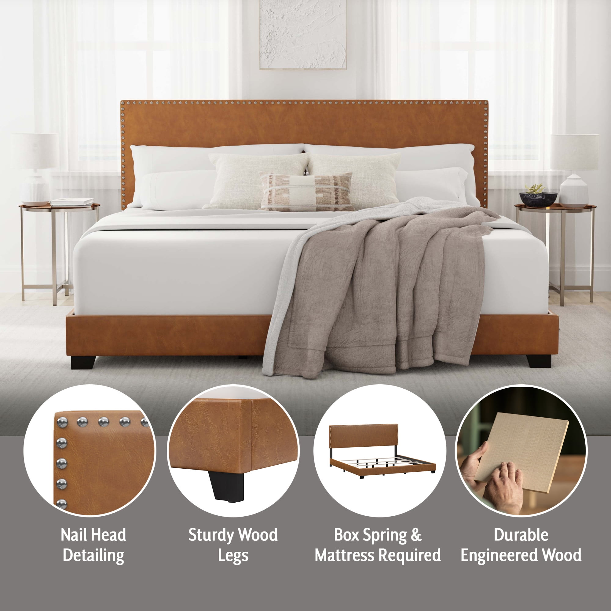 Willow Nailhead Trim Upholstered King Bed, Saddle Brown Faux Leather