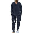 thumbnail image 3 of VBTAPA Winter Outfits for Men Jacquard Knit Lounge Sweatsuit 2 Piece V Neck Pullover Sweater and Jogging Sweatpants Tracksuit Set with Pockets Navy S, 3 of 9