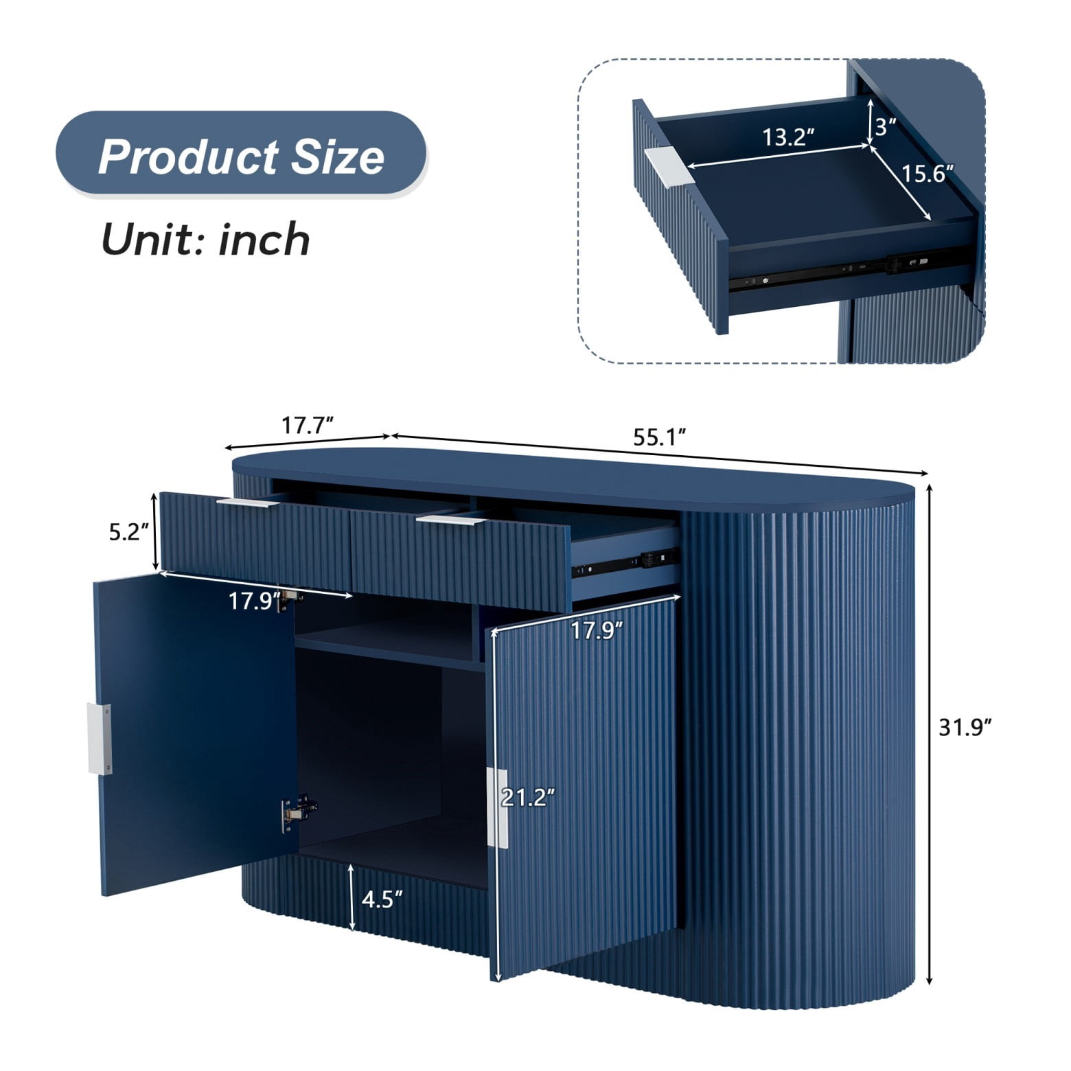 55.1" Storage Cabinet with 2 Doors & 2 Drawers, Stripe MDF Sideboard with Curved Side Door & 3-Tier Shelves, Buffet Cabinet for Living Room Dining Room Bedroom, Navy Blue