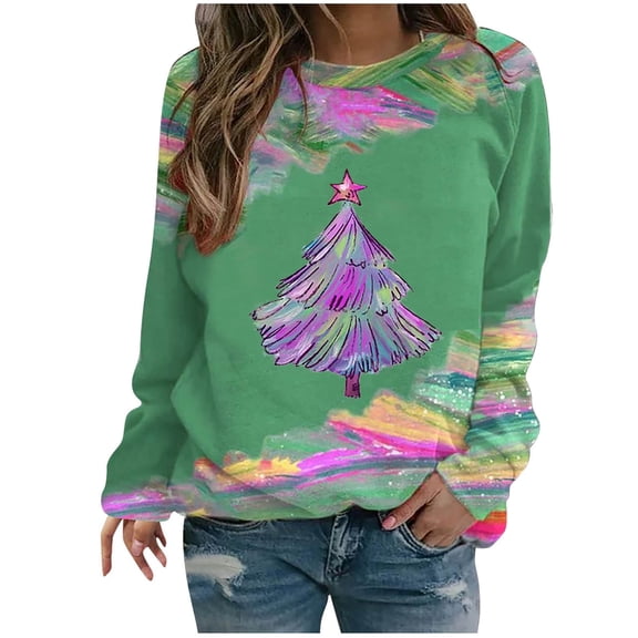 pimelu Christmas Sweater Clearance Christmas Shirts Womens Fashion Graffiti Christmas Tree Print Graphics Sweatshirt Girls Long Sleeve Round Neck Pullover Tops