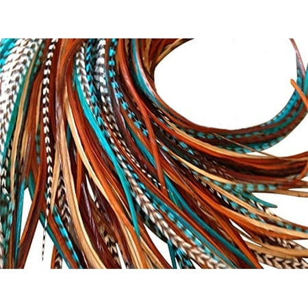 Extensions de Cheveux en Plumes, 100 % Plumes de Coq Réelles, Longues Couleurs Naturelles et Bleu Turquoise, 20 Plumes avec Perles Gratuites en Bonus et Kit d'Outils en Boucle NBT