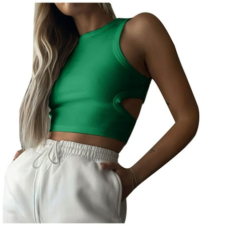 

BVnarty Women s Rib Summer Crop Tops Trendy 2023 Backless Soft Comfy Cami Vacation Ladies Travel Clothes Solid Color Plain Strappy Tanks for Teen Girls Sleeveless Spaghetti Strap Camisole Green S