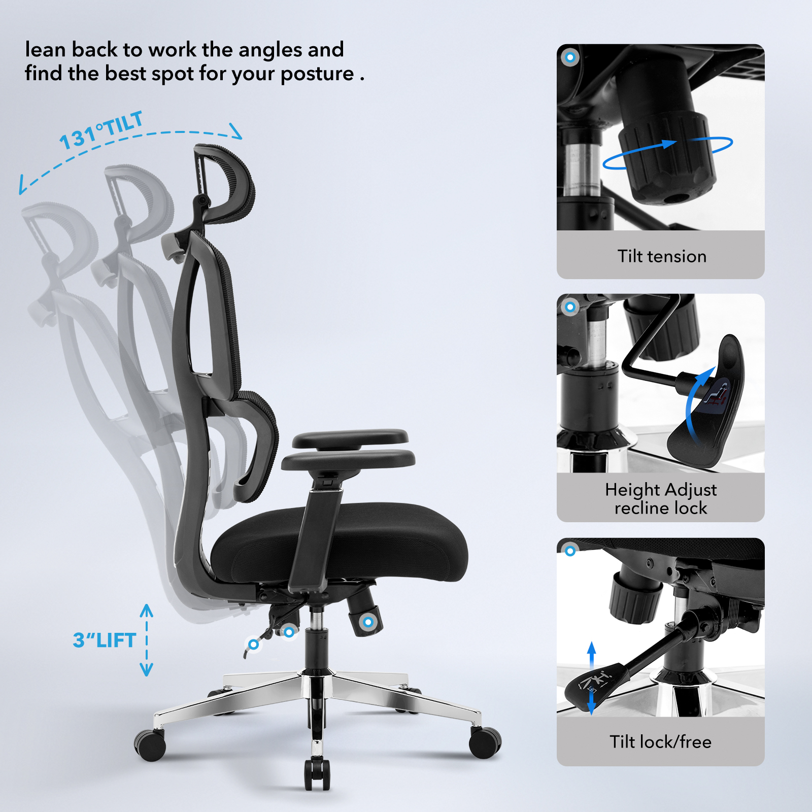 CHAIR MASTER Ergonomic High Back Mesh Office Chair, 3D Armrest, Adjustable Headrest, Variable Tilt (Nylon Casters)
