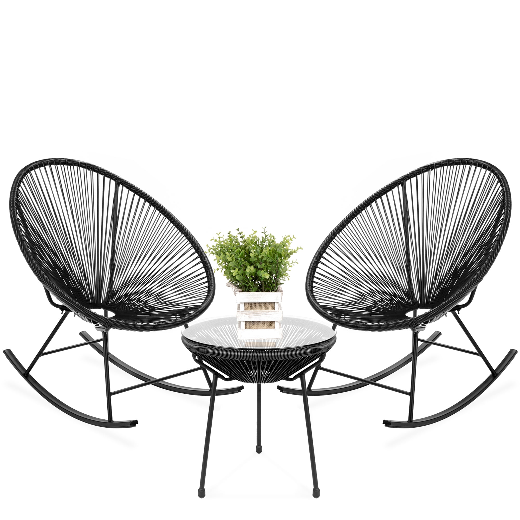 Best Choice Products 3-Piece All-Weather Patio Woven Rope Acapulco Bistro Furniture Set with Rocking Chairs, Table - Black