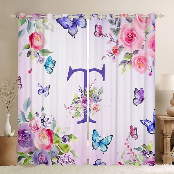 Homewish Girls Monogrammed T Black Out Curtains, Romantic Garden Rose Flower Curtains Pack of 2 (42x63 Each), Cartoon Butterfly Animal Bedroom Curtains, Window Curtains Bedroom Decor
