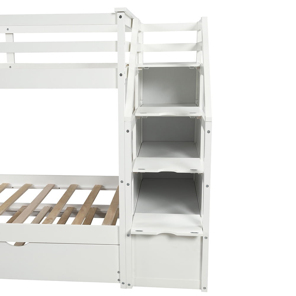 Kepooman Twin-Over-Twin Modern Wooden Bunk Bed with Twin Trundle & 3 Storage Stairs, 94.4"L x 42.4"W x 61.4"H, White Kepooman Twin-Over-Twin Modern Wooden Bunk Bed with Twin Trundle & 3 Storage Stairs, 94.4"L x 42.4"W x 61.4"H, White