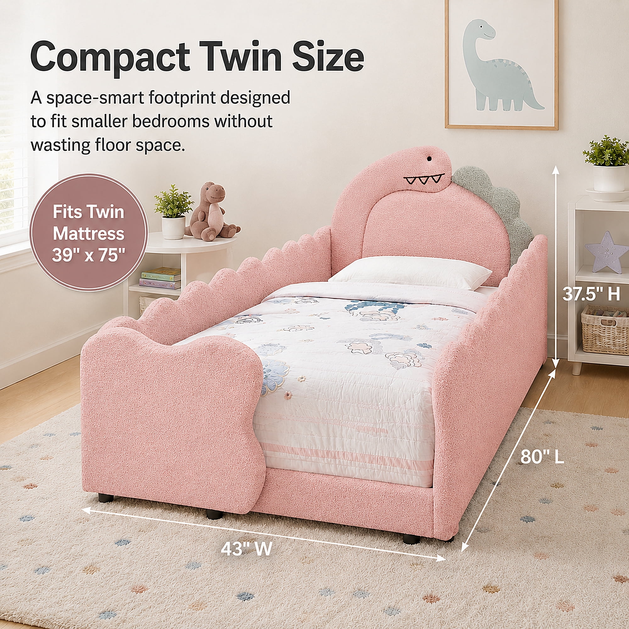 Miniyam Kids Twin Bed Frame, Boucle Upholstered Dinosaur Bed with Guardrails, Wood Slats, Pink