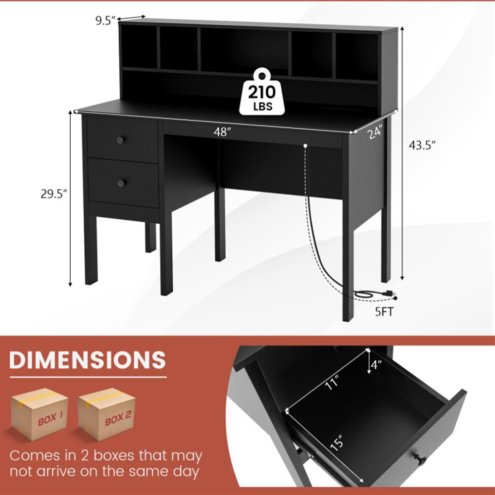 Demi Bonn 48" Computer Desk with Drawers Power Outlets, Small Home Office Desk Study Writing Table, Black