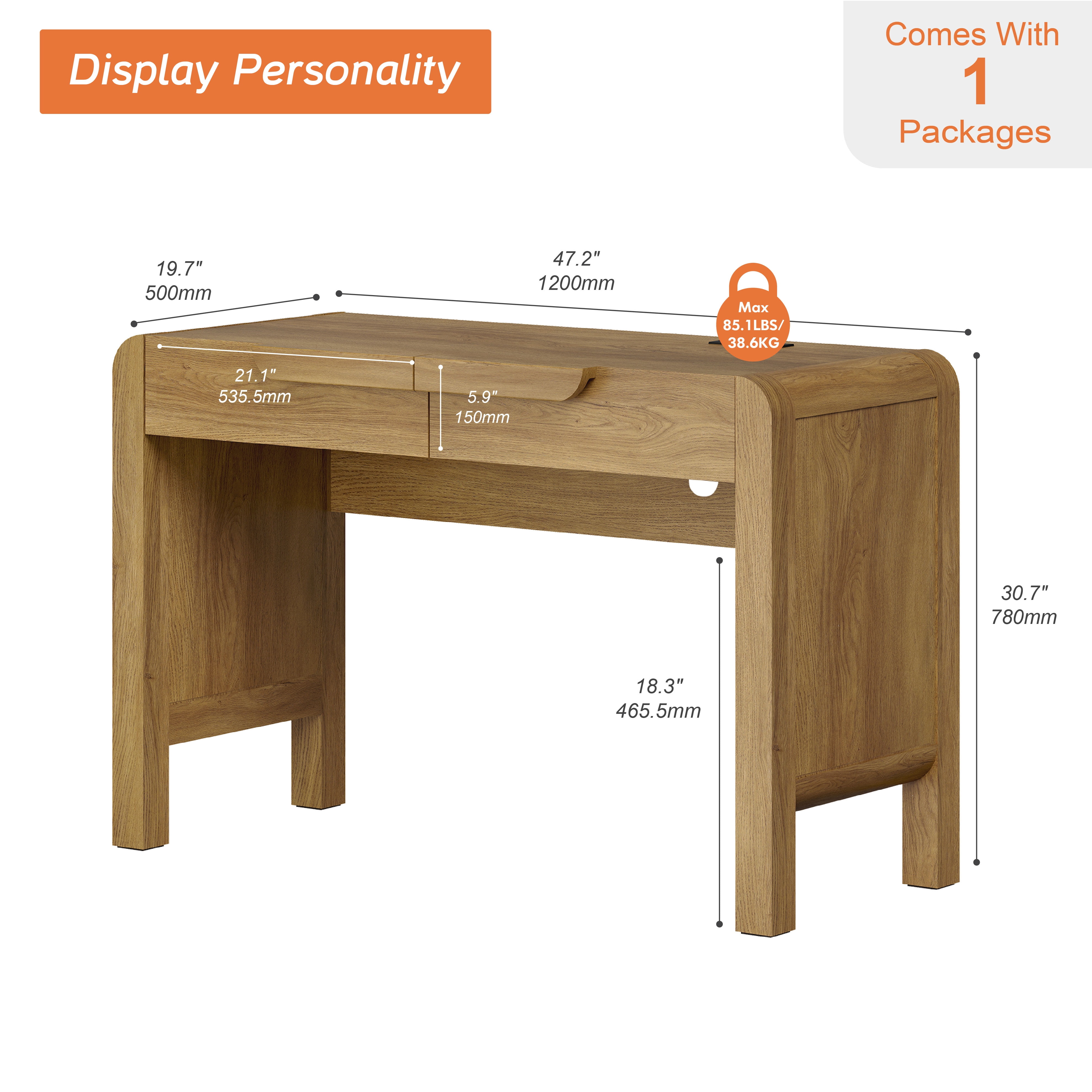 47.2”W Mid-century Modern Curved Waterfall Writing Desk With 2 Drawers，Wood Computer Desk With Charging Station, Standing Desk For Home Office