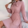 thumbnail image 3 of Womens Business Casual Bow Tie Dress Solid Color Long Sleeves Pleated Flowy Midi Dresses, 3 of 6