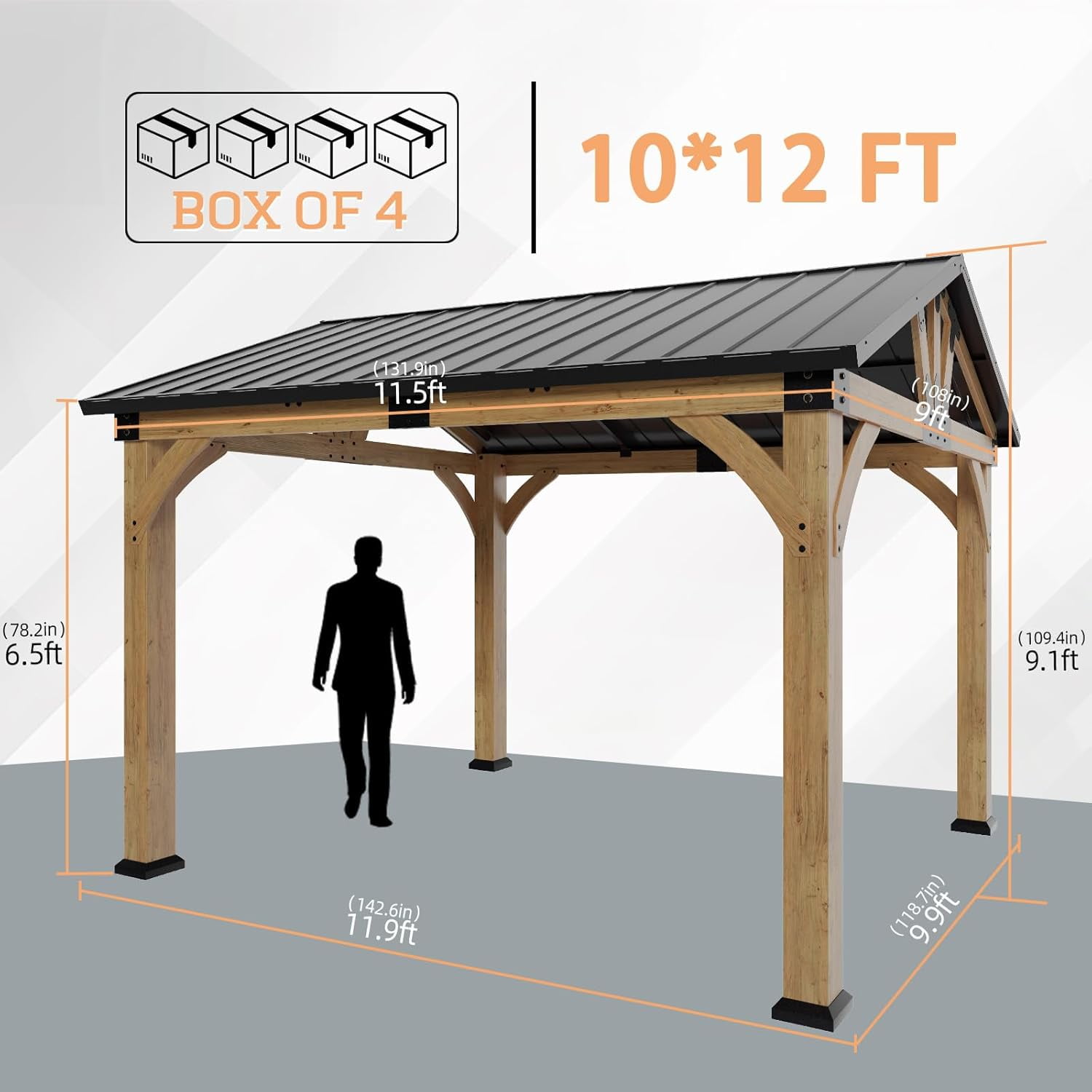 Auhilence 10x12 FT Cedar Wood Gazebo, Hardtop Gazebo with Galvanized Steel Peak Roof