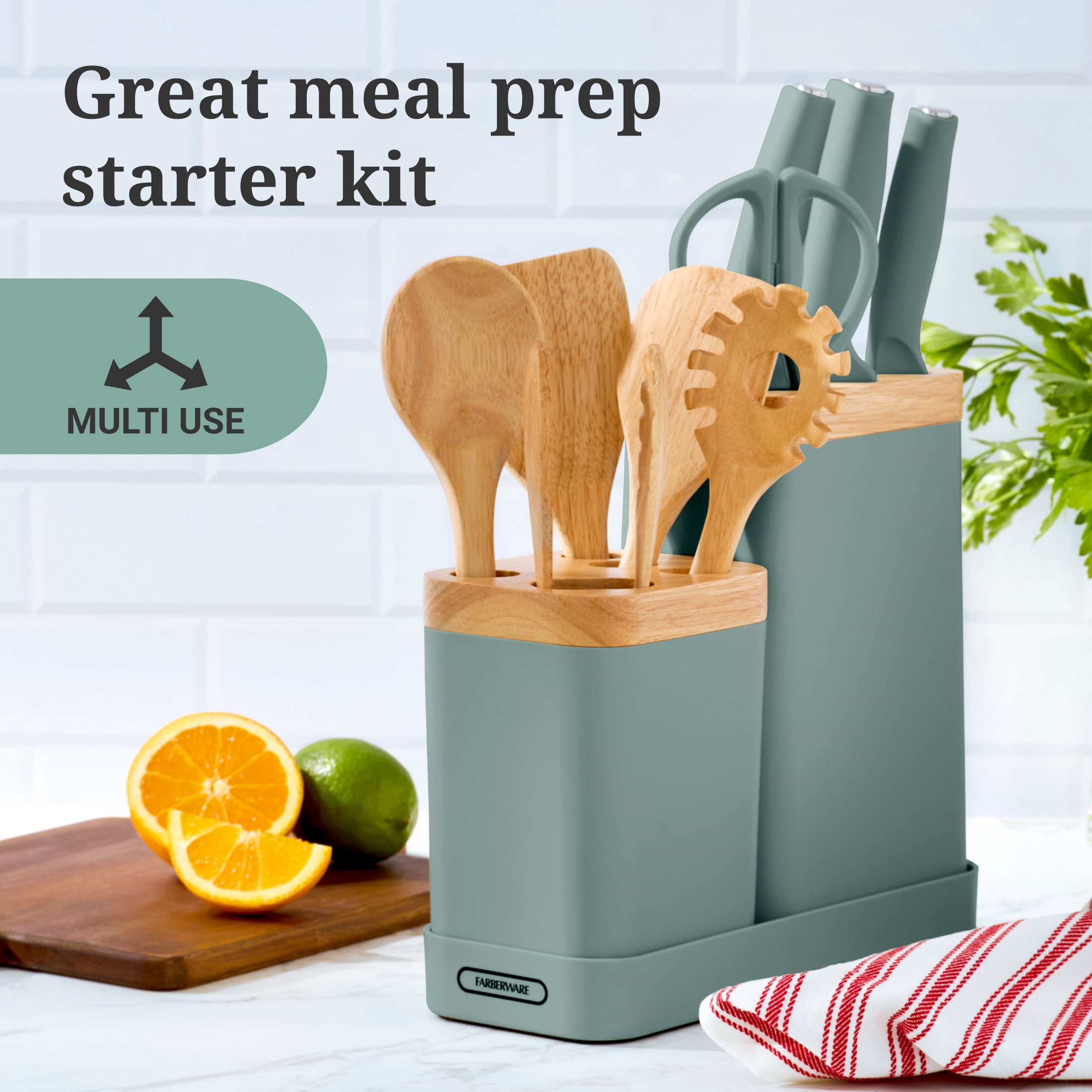 Farberware Professional Wood Kitchen Utensil and Knife Set with Counter Storage Sage, 13-Piece