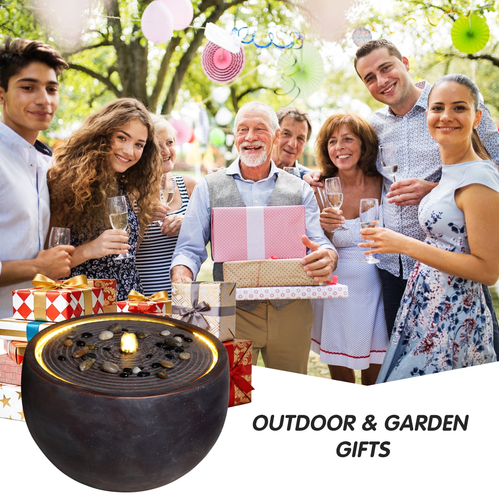 Mintazer 19.3" Modern Round Bowl Ripple Water Fountain with LED Light, Outdoor Garden Fountain with Natural River Stones for Patio Porch Backyard