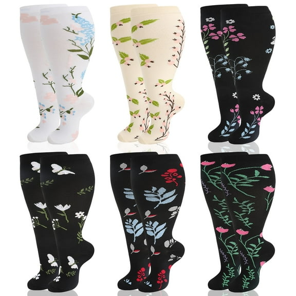 Hengguang 6 Pairs Plus Size Compression Socks for Women Men, Extra Wide Calf High Compression Socks 20-30 mmhg 14.8 inches Leg Compression Sleeves for Circulation Swelling Support, 3XL