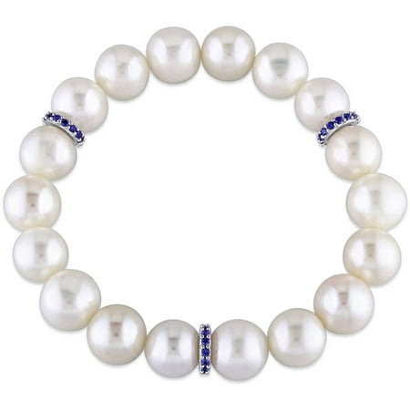 Tangelo 9-9.5mm White Cultured Freshwater Pearl and 2/5 Carat T.G.W. Created Blue Sapphire Rondell Sterling Silver Stretch Bracelet, 7