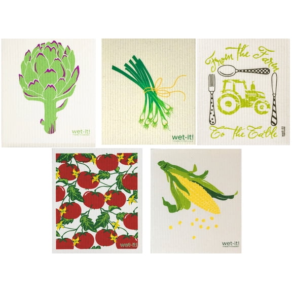 Wet-It! Swedish Treasures Dishcloth & Cleaning Cloth - Set of 5 - Artichoke, Spring Onion, Farm-to-Table, Tomatoes & Corn (Paper Towel Replacement)
