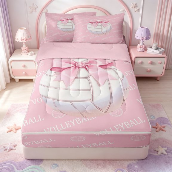 Manfei Pink Bowknot Zipper Twin Comforter Sets with Fitted Sheet and 2 Pillowcases,3D Cartoon Volleyball Pattern Zipper Bedding Set,Pink Reversible,4 Pieces