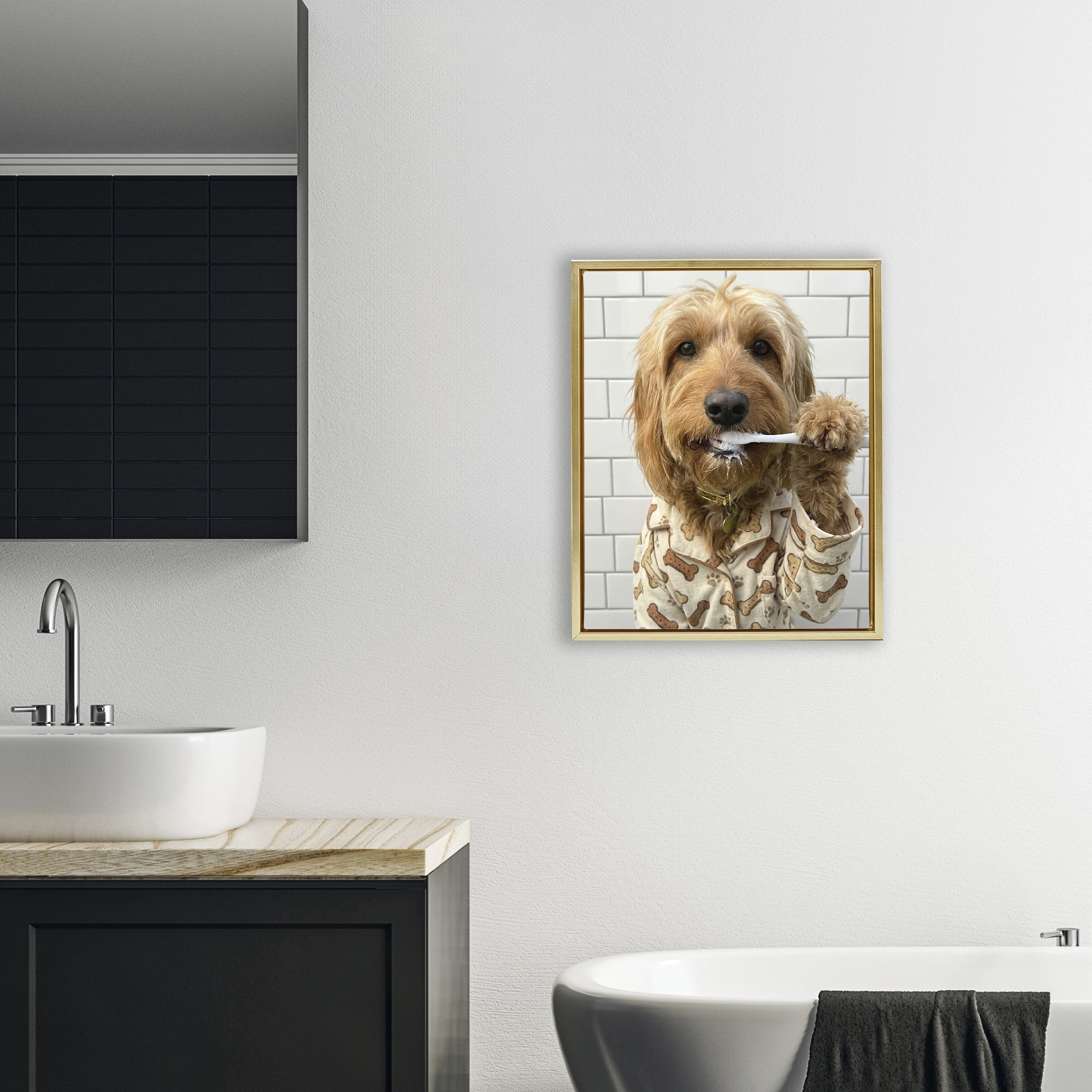 Stupell Industries Realistic Dog Brushing Teeth Gold Framed Floater Canvas Wall Art, design by Abigail Walker