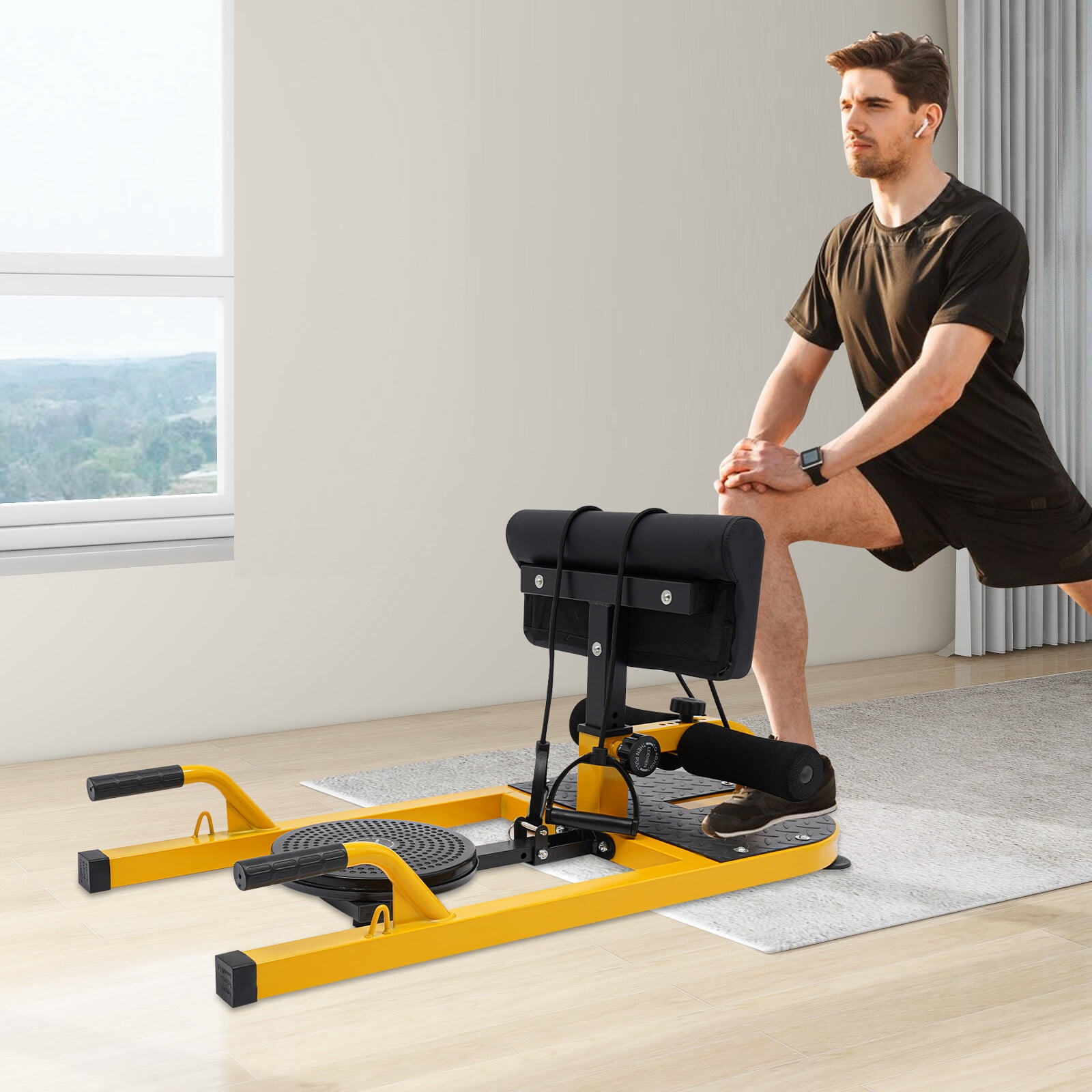 Adjustable Deep Squat Machine - 6-Position Leg Hook & Backrest, 176lb Capacity, for Abs/Thighs/Glutes Workout, Yellow/Black