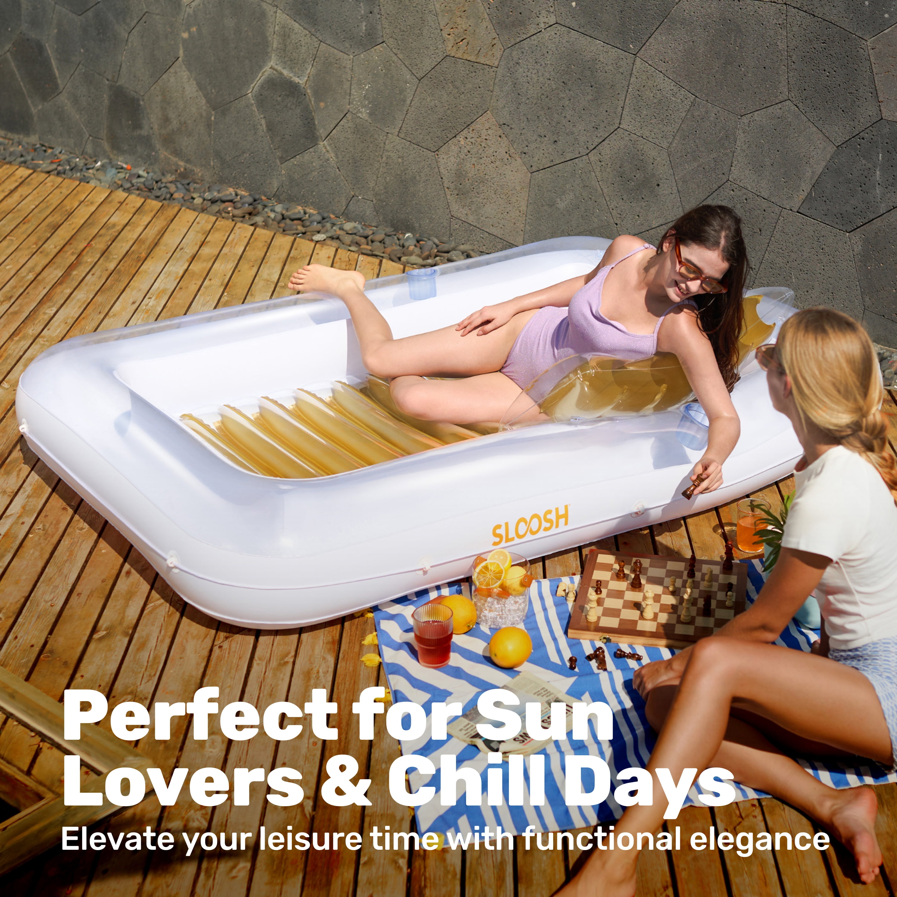 SLOOSH Inflatable Tanning Pool Lounger Float, 85" x 57" Extra Large Suntan Sun Tan tub for Adults, Tanning chair, Bed Blow up, Raft Lounge Floatie,XL-Golden White
