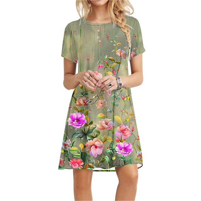 Puntoco Vestido De Manga Corta Para Mujer, Vestido Con Cuello Redondo Y Estampado Floral, Vestido De Manga Corta Con Cuello Redondo, Color S,Regalos Para Mujer Joven