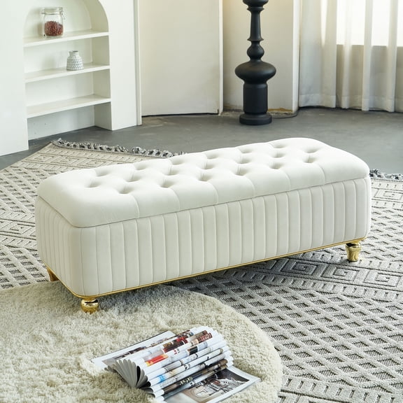 Modern Button Tufted Velvet Storage Ottoman, Upholstered Bench Footstool with Safety Hinge and Gold Metal Legs for Living Room Bedroom