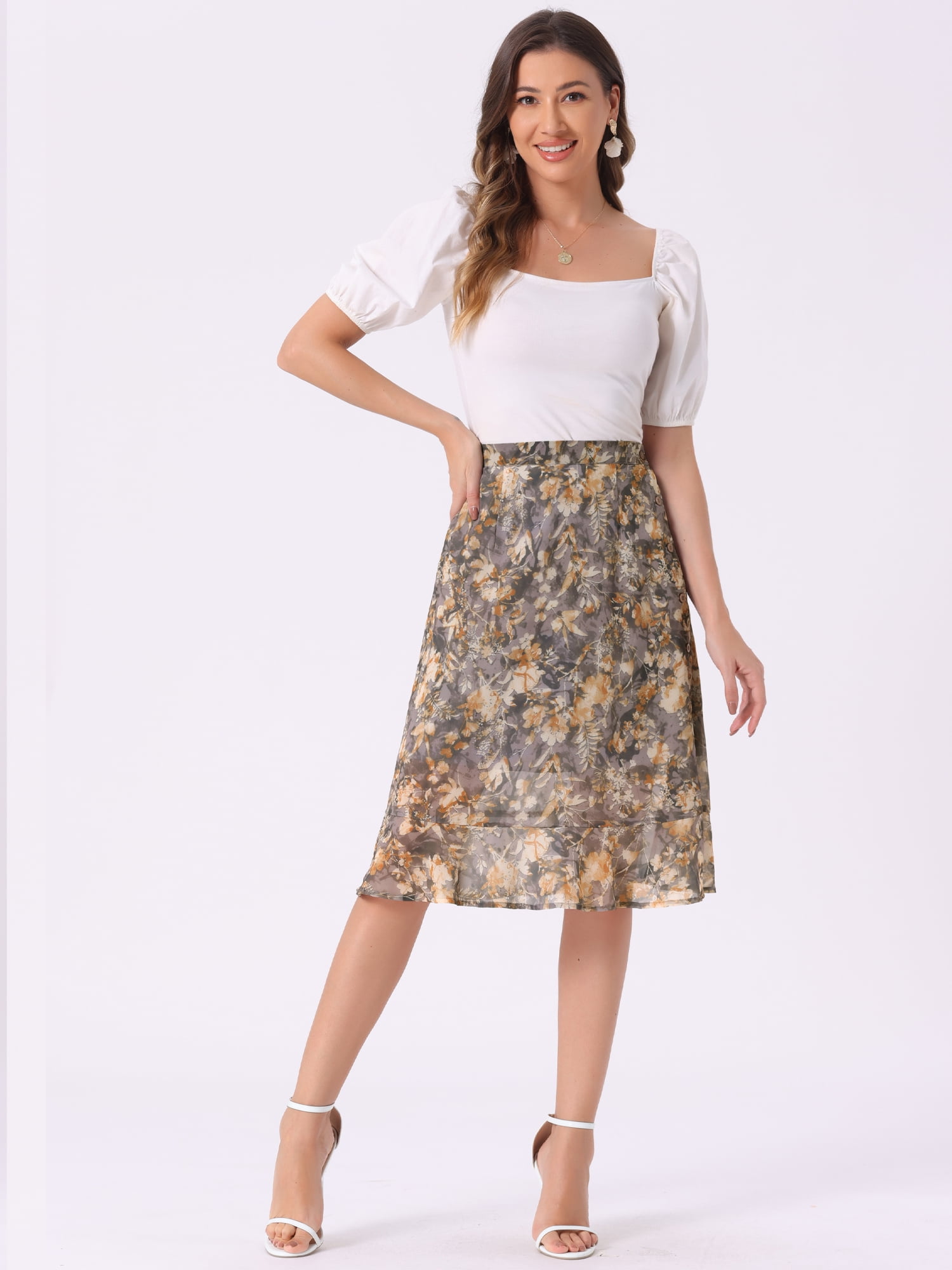 DARING DIVA Women's Floral Ruffle Hem Elastic Back Split Skirt S Grey