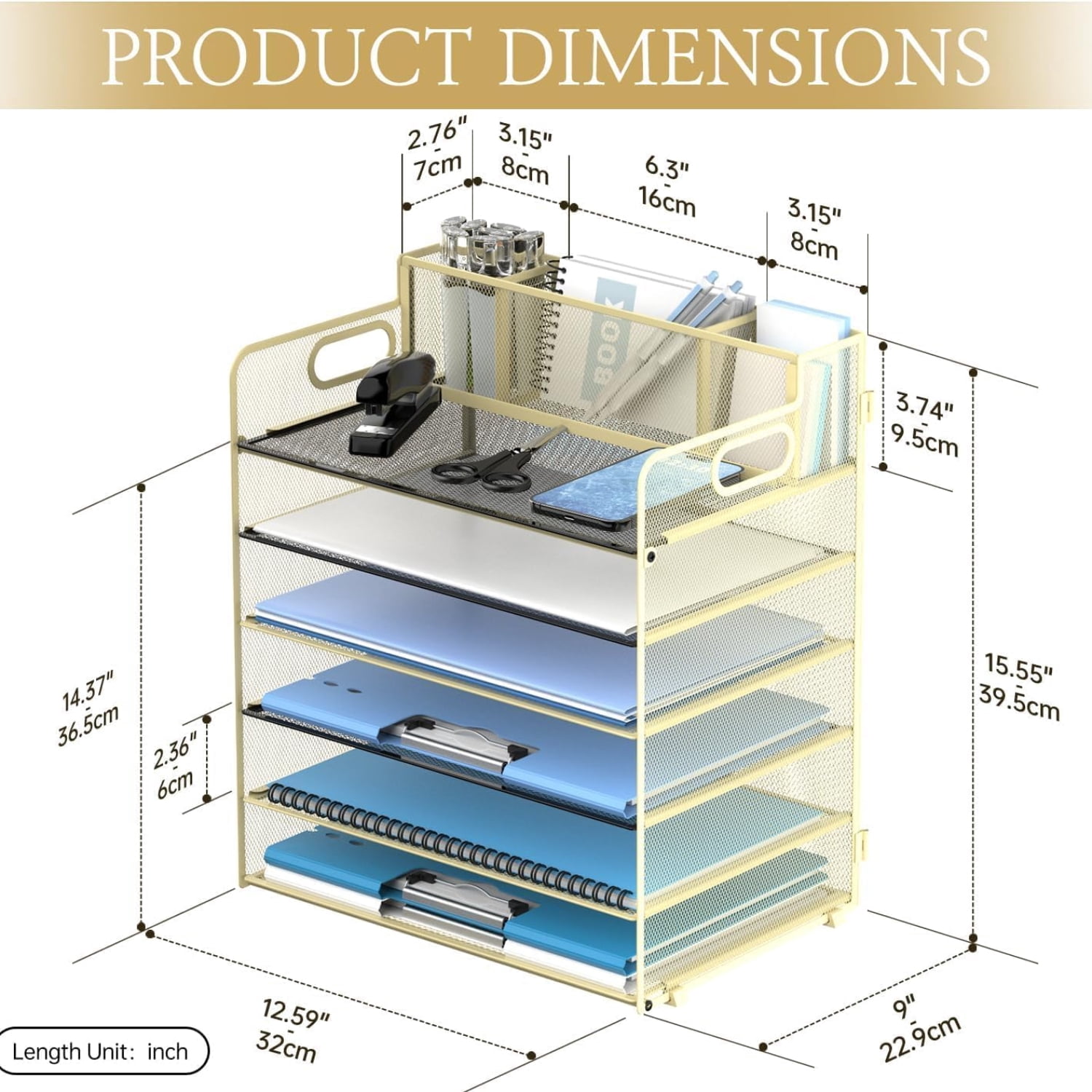 INTIGE 6-Tier Desk Organizer, Metal Desktop Paper Tray with 3 Pen Holders, Desktop Organizer for Home Office