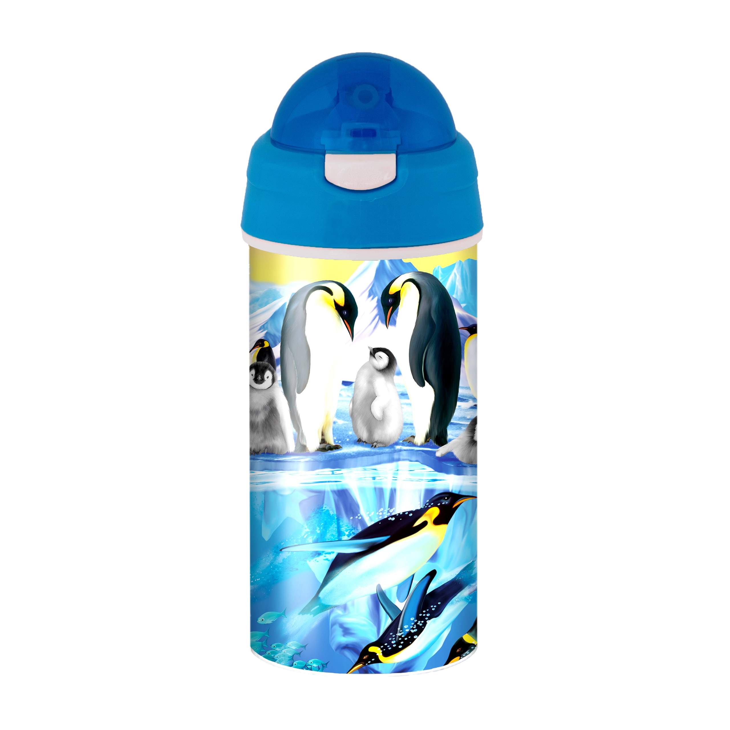 3D LiveLife Drinking Bottle - Penguin Plunge from Deluxebase. 3D Lenticular Ocean Water Bottle with Straw. 20oz kids water bottle with original artwork from renowned artist, Michael Searle