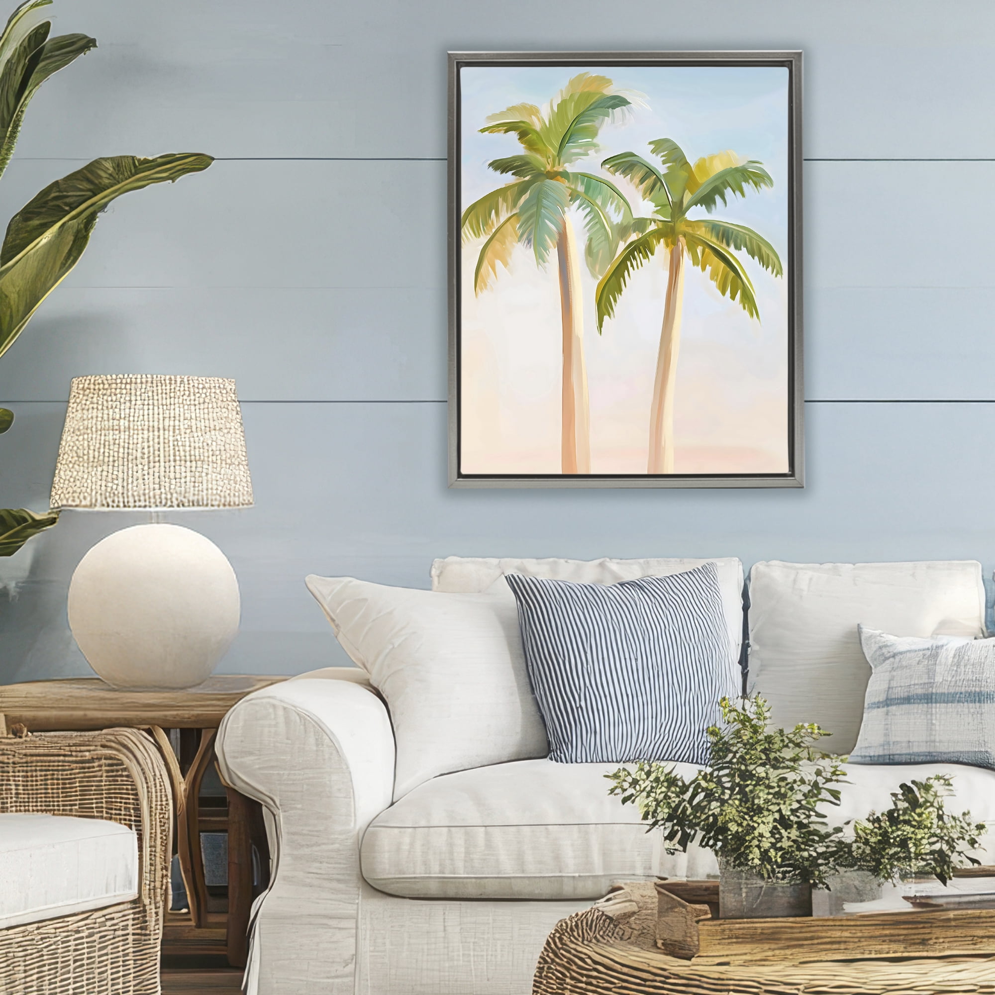 Stupell Industries Tropical Palm Twins at Sunrise Gray Framed Floater Canvas Wall Art, design by The Prints Vibe
