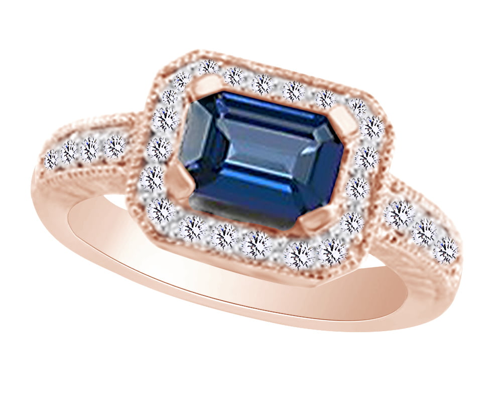 Blue Sapphire Ring 1.6Ct Princess Diamond Wedding Engagement Ring 14k White Gold 