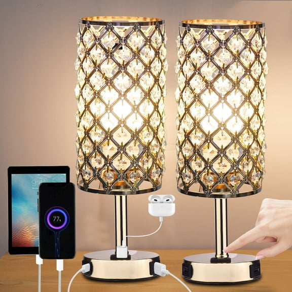 Neoglint 13-inch Crystal Touch Control Table Lamps, Set of 2 Gold Nightstand Lamps with USB C/A Ports & AC Outlet, 3-Way Dimmable Modern Bedside Lamp for Bedroom (Bulbs Included)
