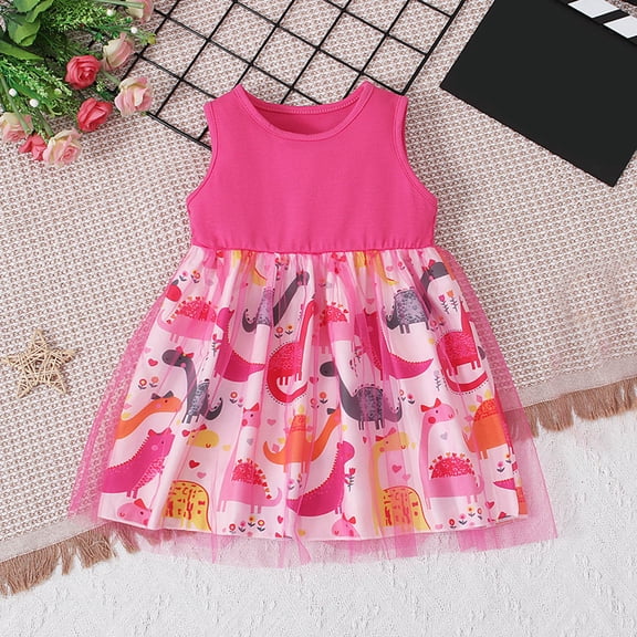 Girl's Dresses Sleeveless Dinosaur Print Dance Party Kids Clothing