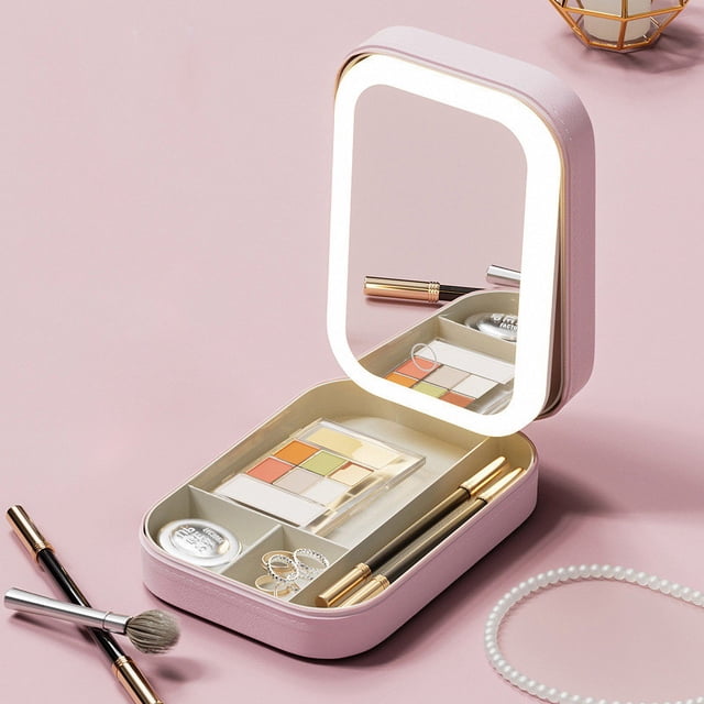 Makeup Mirror with Lights,Mirror with Jewelry Storage Multi Functional Led Makeup Mirror with Light Three Color Adjustable Folding Integrated Jewelry Box Cosmetics Storage Box