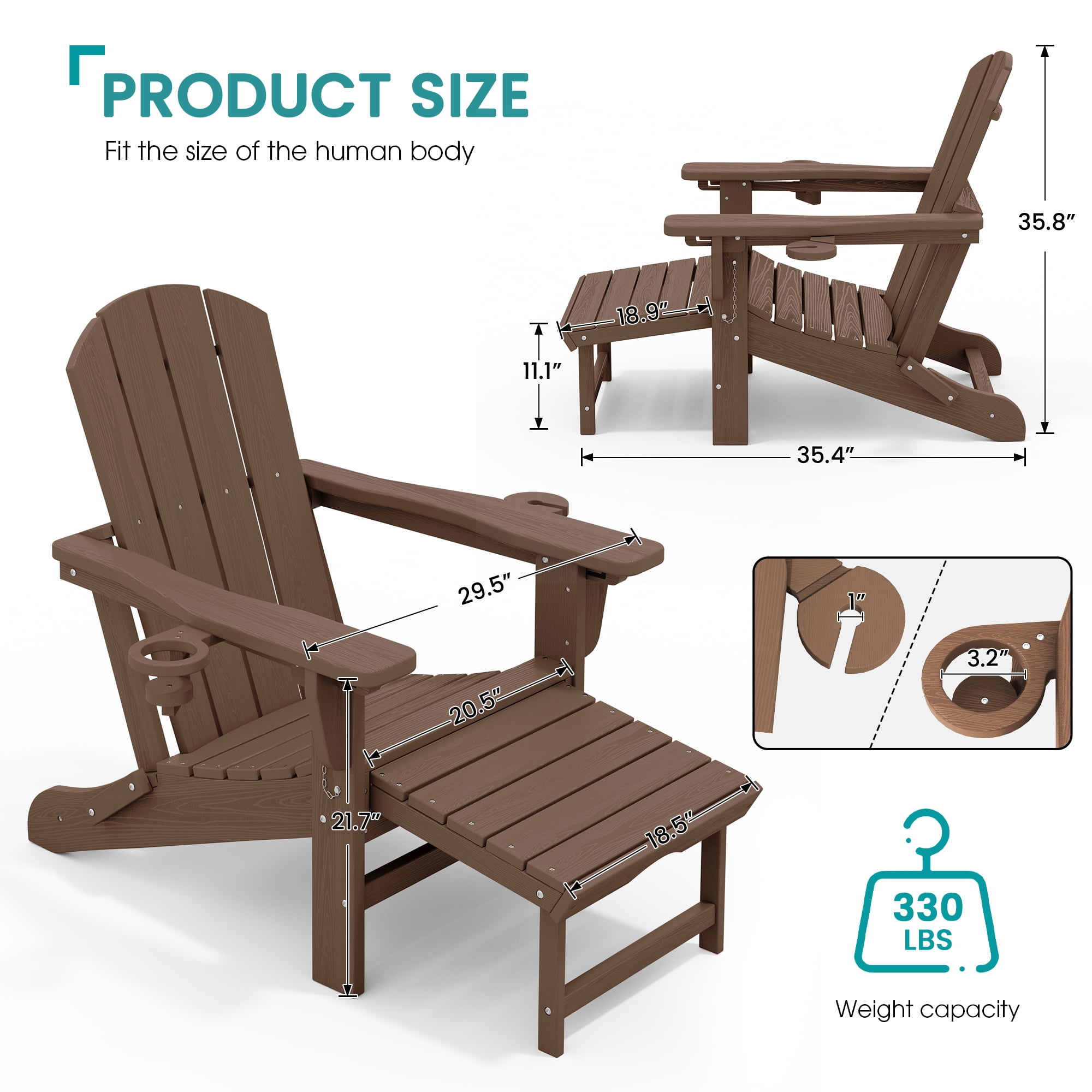 KINGYES Folding Adjustable Adirondack Chair with Retractable Ottoman Set of 2 for Patio Garden, Brown