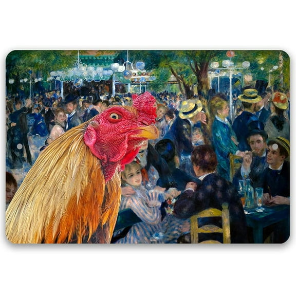 Metal Sign - Dance at Le moulin de la Galette - Bal du moulin de la Galette Painting - Interrupted by Rooster - Durable Metal Sign - Use Indoor/Outdoor - Funny and Artsy Chicken Coop Decor (12" x 18")